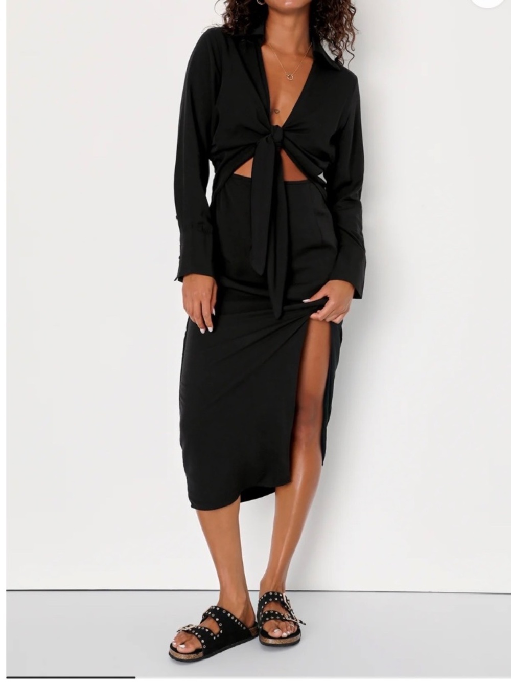 Lulus Long Story Shirt Black Long Sleeve Tie-Front Midi Dress